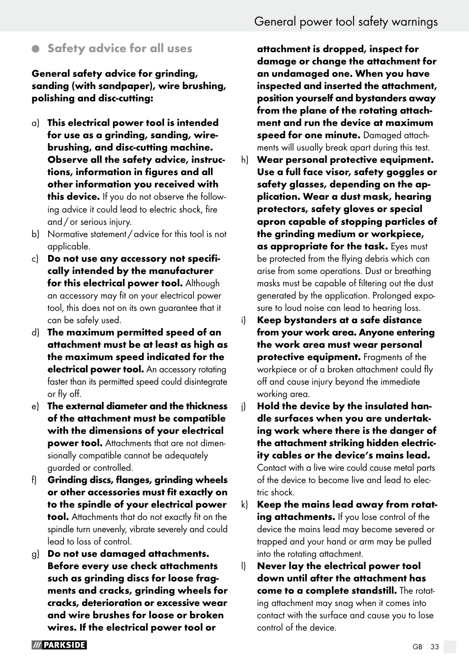 General power tool safety warnings, Safety advice for all uses | Parkside PMGS 12 B2 User Manual | Page 33 / 40