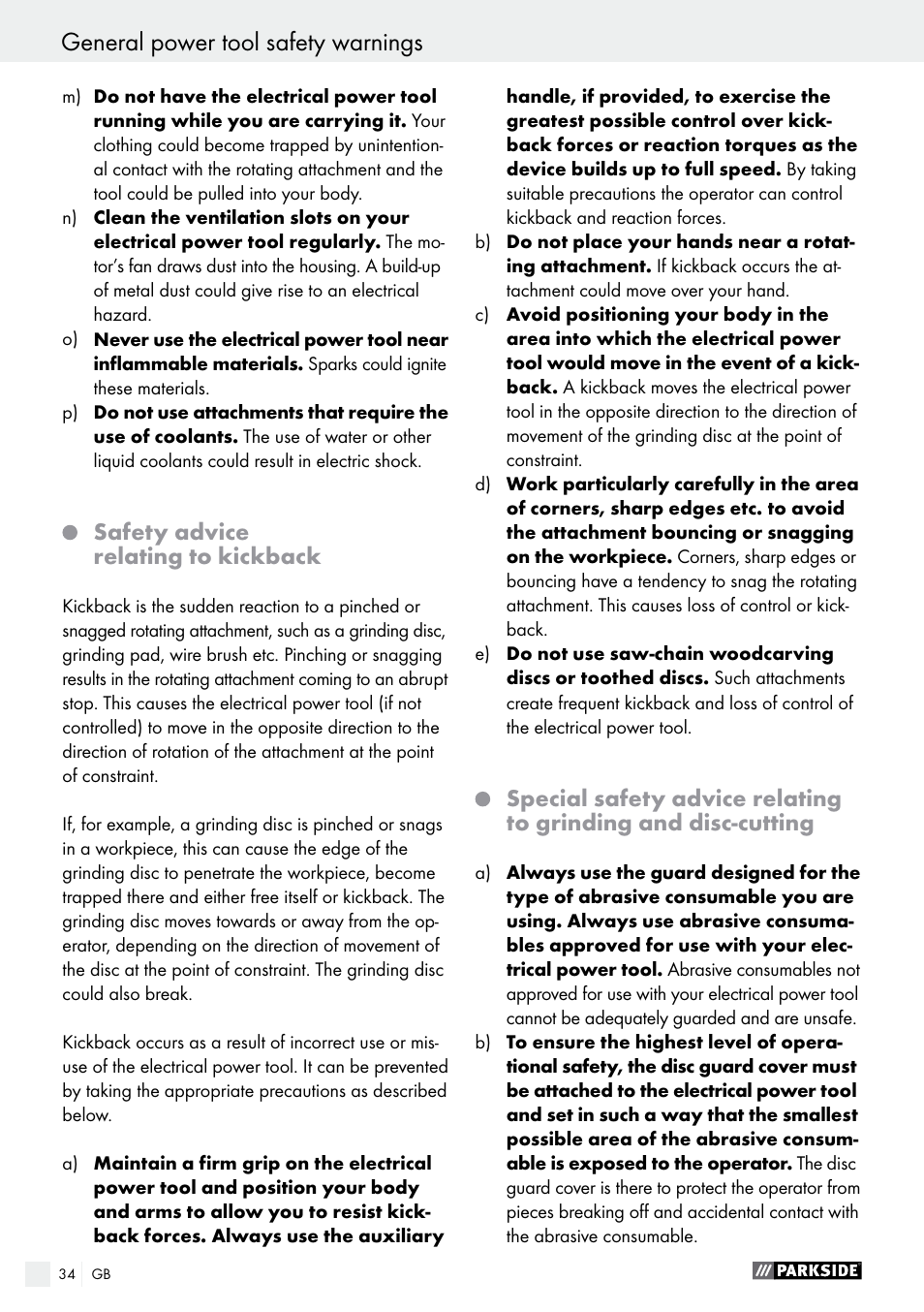 General power tool safety warnings | Parkside PMGS 12 B2 User Manual | Page 34 / 40