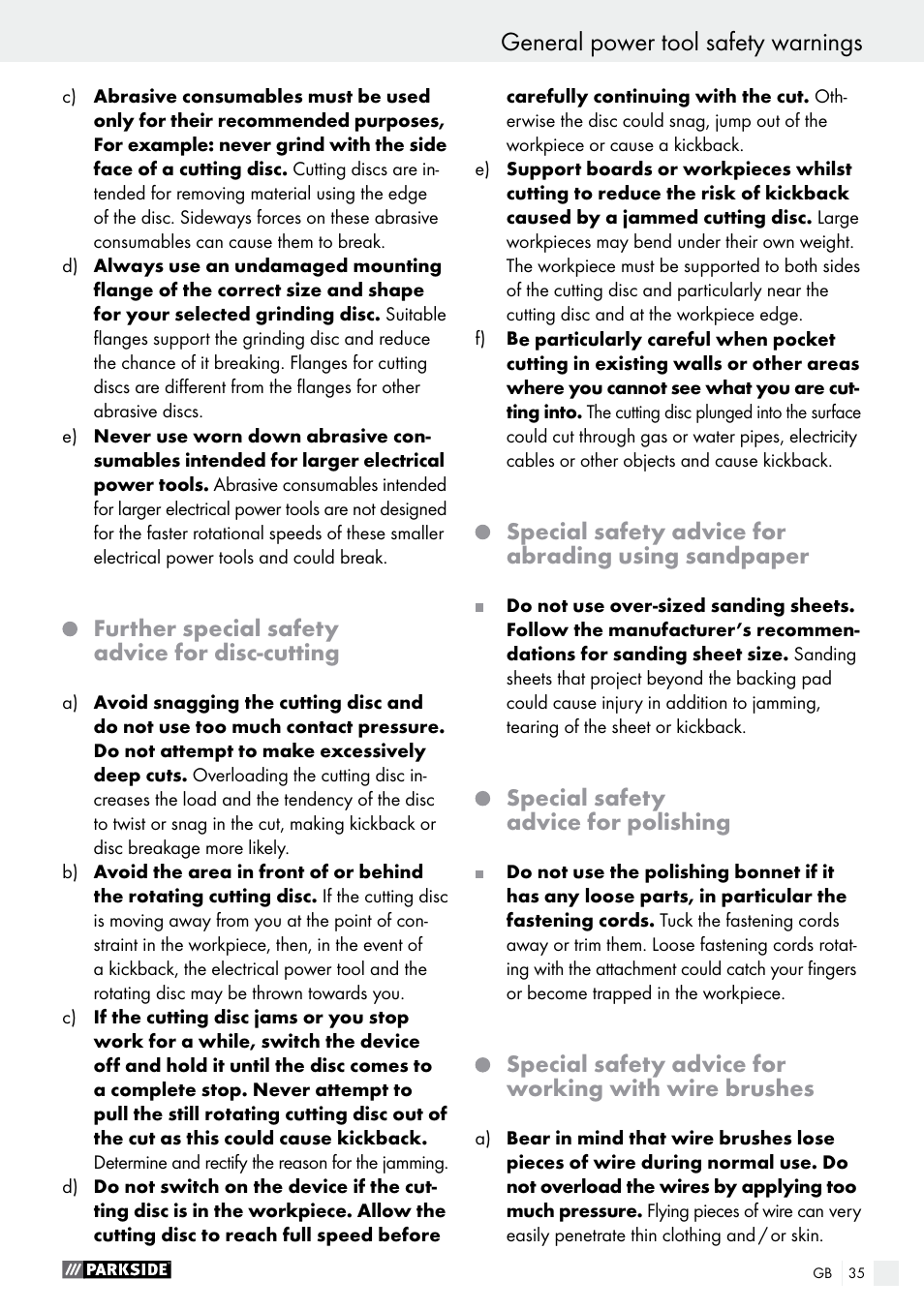 General power tool safety warnings | Parkside PMGS 12 B2 User Manual | Page 35 / 40