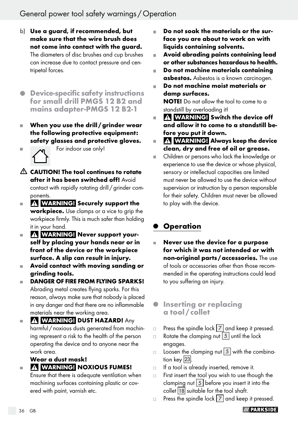 Operation, Inserting or replacing a tool / collet | Parkside PMGS 12 B2 User Manual | Page 36 / 40