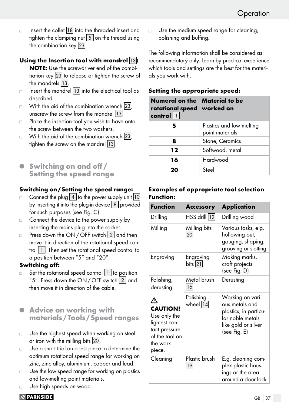 Operation, Switching on and off / setting the speed range | Parkside PMGS 12 B2 User Manual | Page 37 / 40