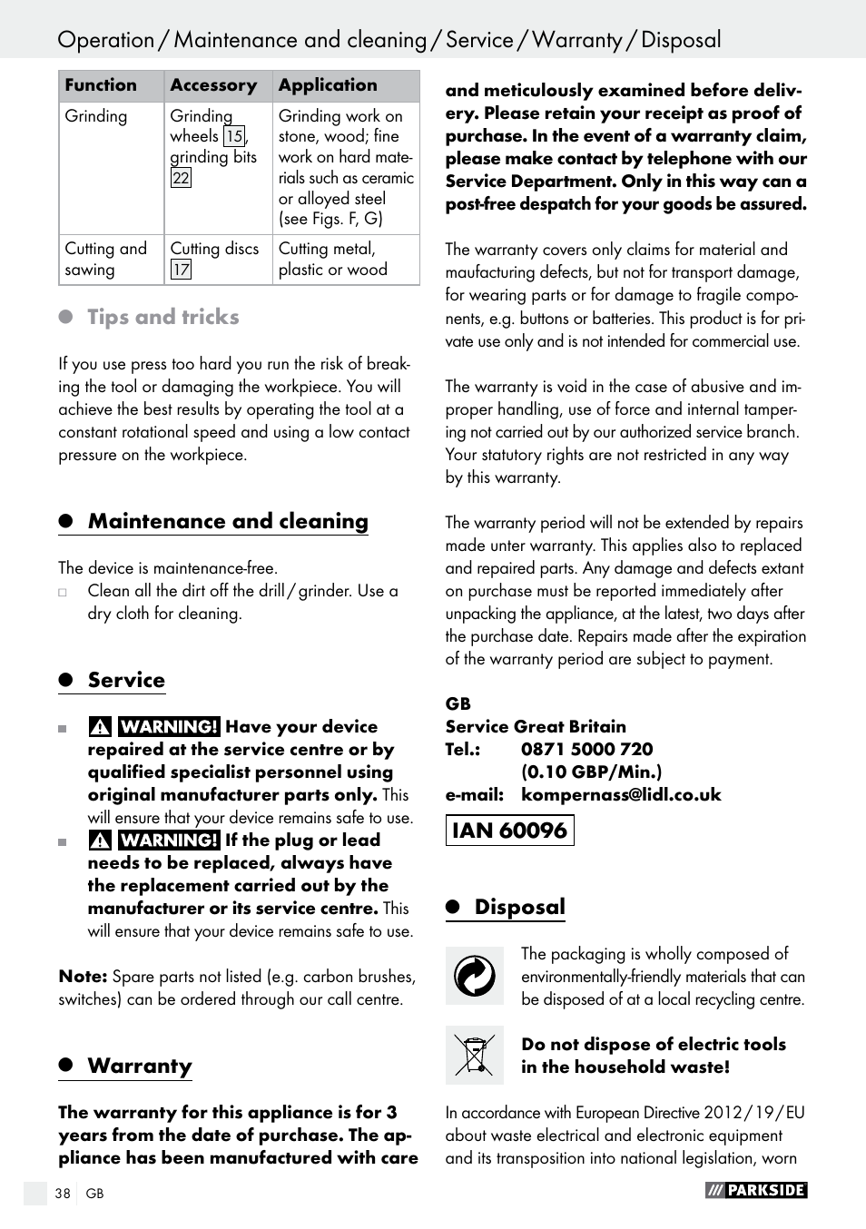 Tips and tricks, Maintenance and cleaning, Service | Warranty, Disposal | Parkside PMGS 12 B2 User Manual | Page 38 / 40