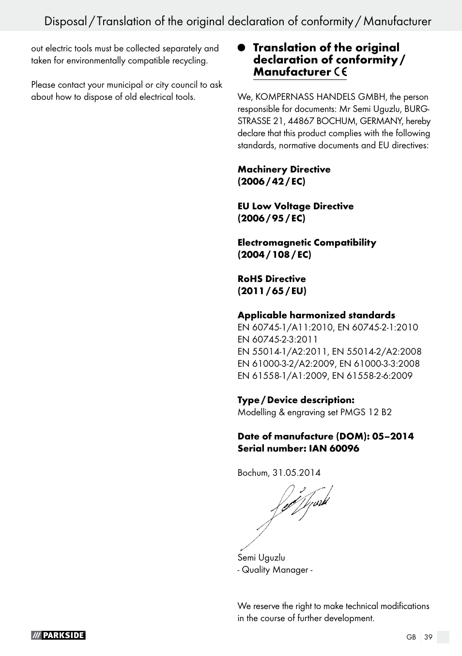 Parkside PMGS 12 B2 User Manual | Page 39 / 40