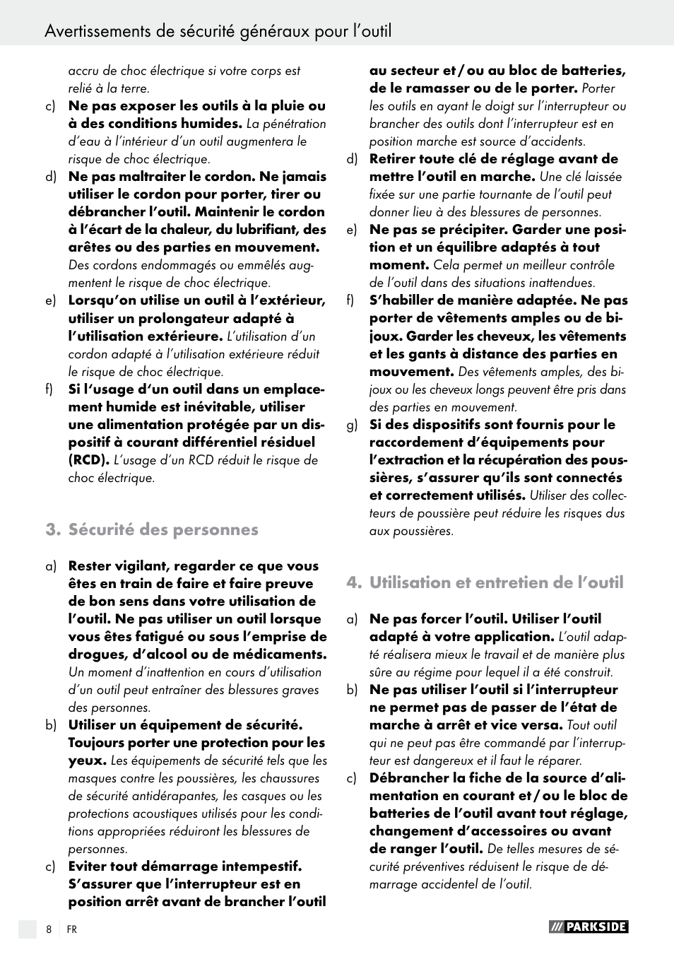 Avertissements de sécurité généraux pour l’outil, Sécurité des personnes, Utilisation et entretien de l’outil | Parkside PMGS 12 B2 User Manual | Page 8 / 40