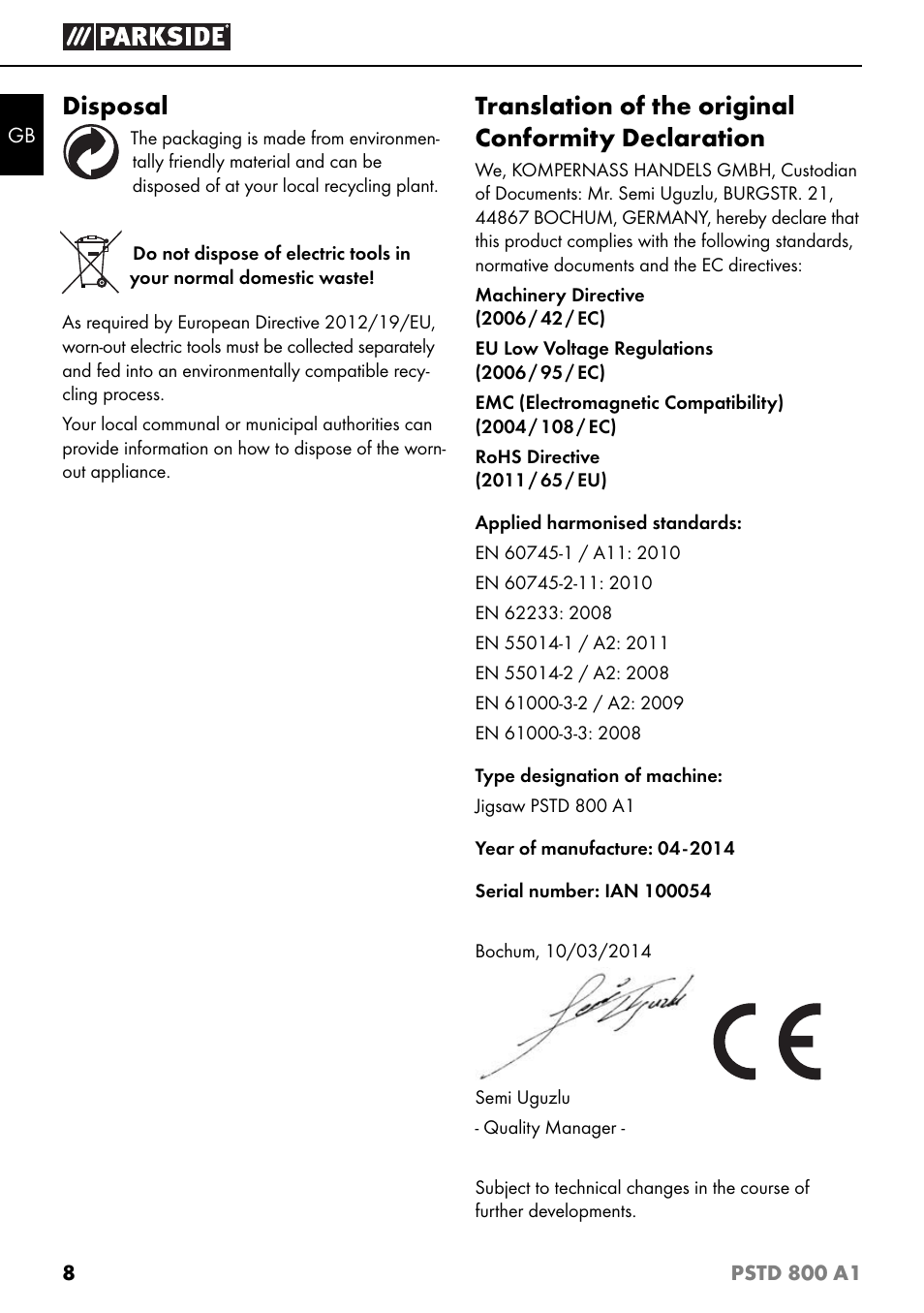 Disposal, Translation of the original conformity declaration | Parkside PSTD 800 A1 User Manual | Page 12 / 68