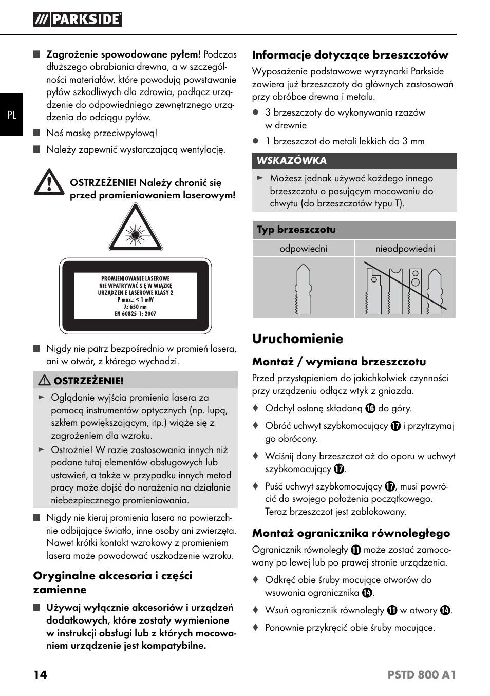 Uruchomienie | Parkside PSTD 800 A1 User Manual | Page 18 / 68
