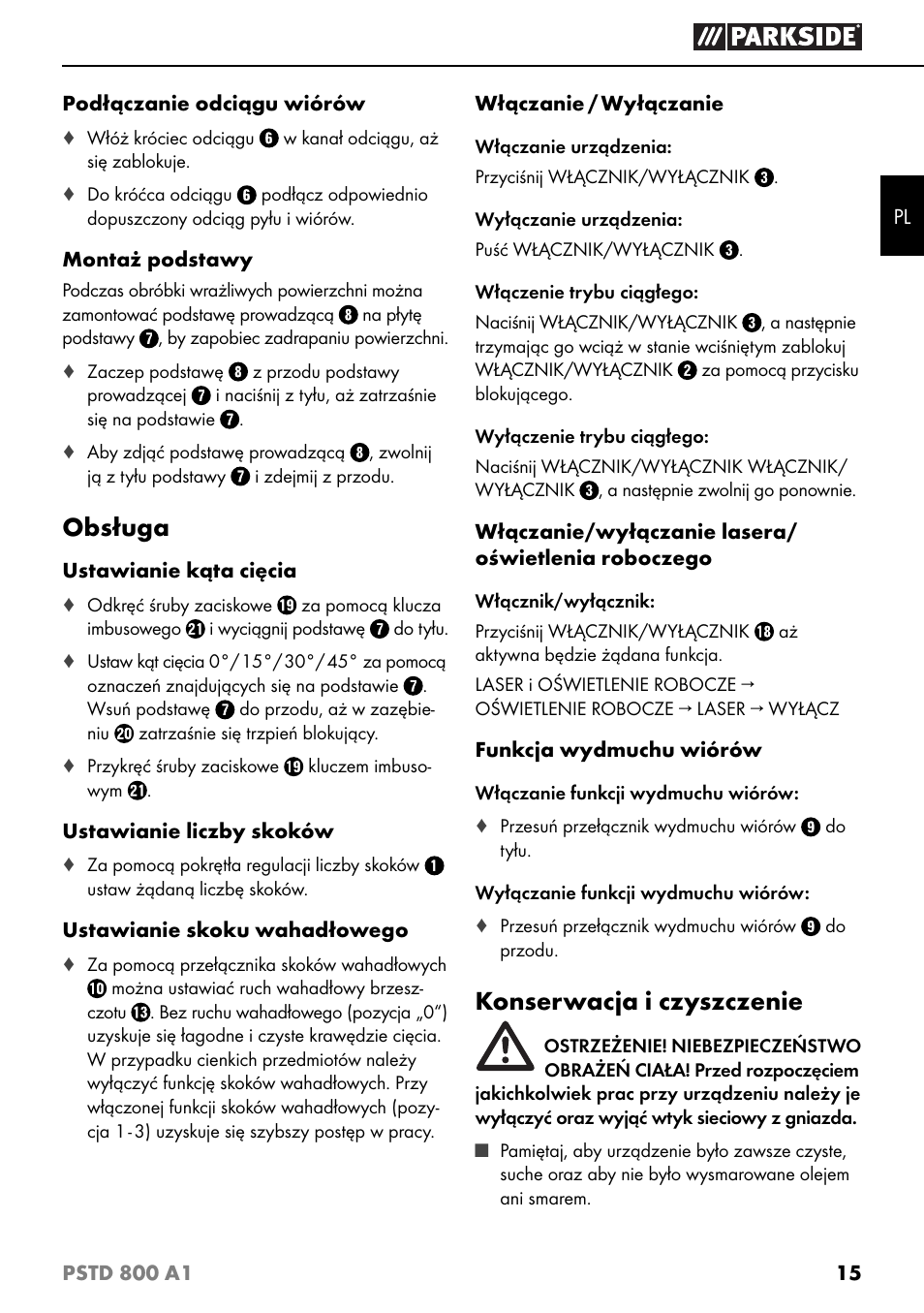 Obsługa, Konserwacja i czyszczenie | Parkside PSTD 800 A1 User Manual | Page 19 / 68