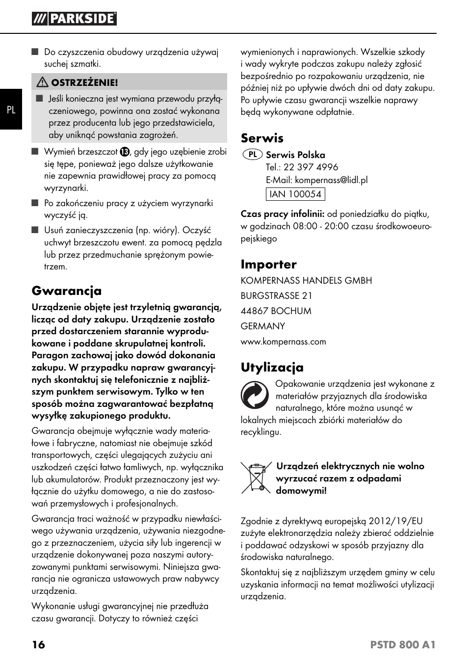 Gwarancja, Serwis, Importer | Utylizacja | Parkside PSTD 800 A1 User Manual | Page 20 / 68
