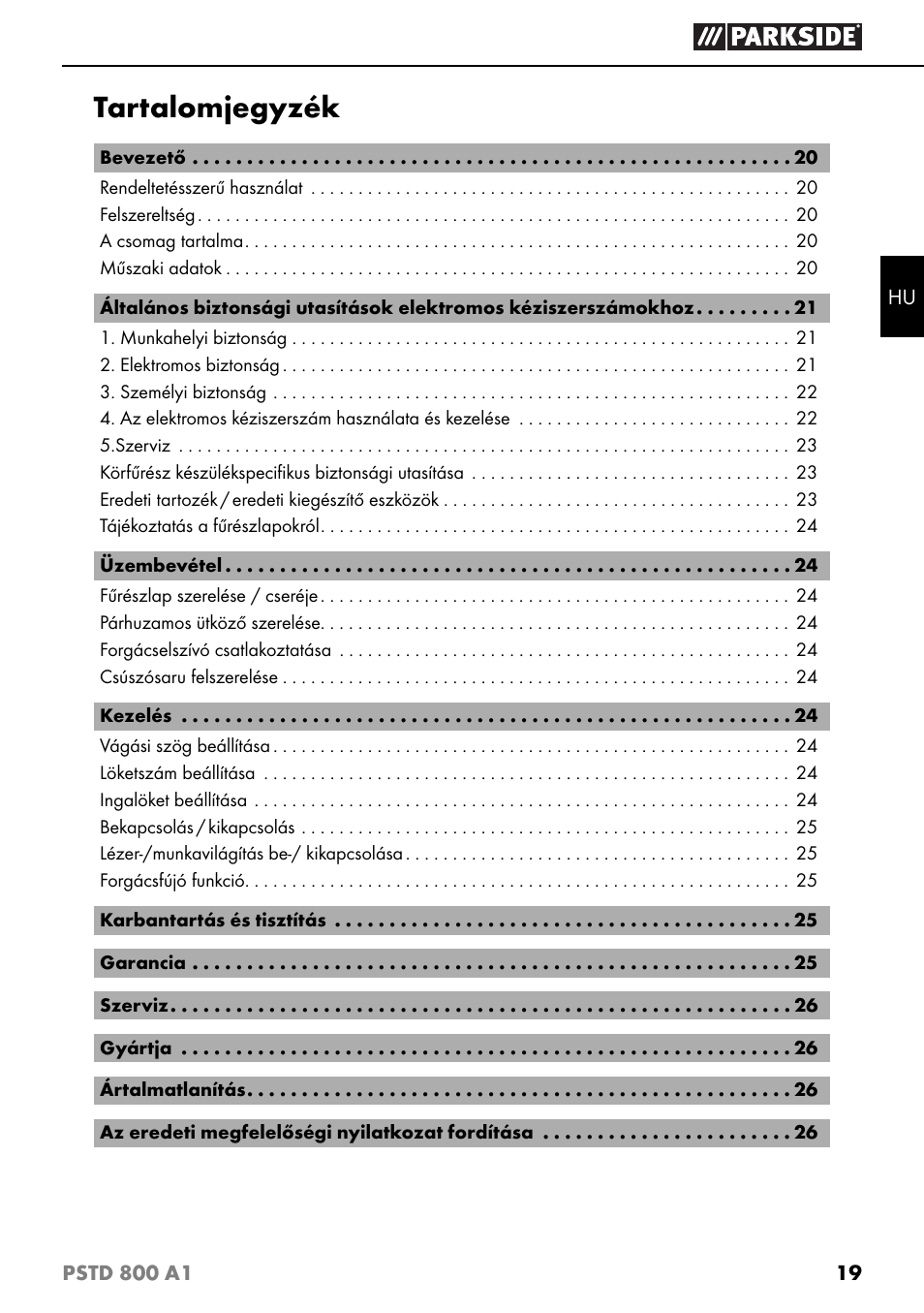 Tartalomjegyzék | Parkside PSTD 800 A1 User Manual | Page 23 / 68