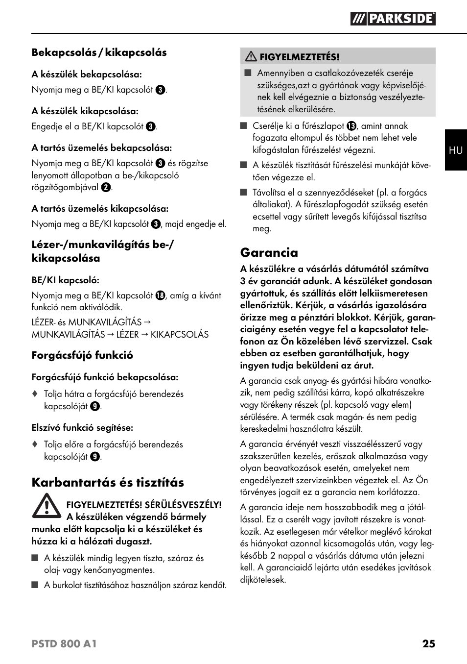 Karbantartás és tisztítás, Garancia | Parkside PSTD 800 A1 User Manual | Page 29 / 68