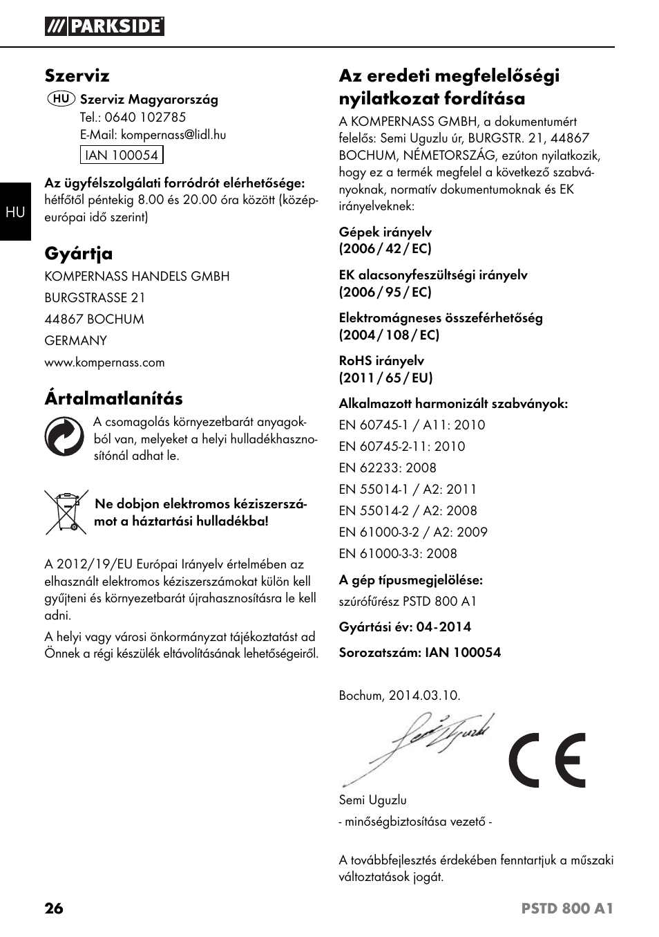 Szerviz, Gyártja, Ártalmatlanítás | Az eredeti megfelelőségi nyilatkozat fordítása | Parkside PSTD 800 A1 User Manual | Page 30 / 68
