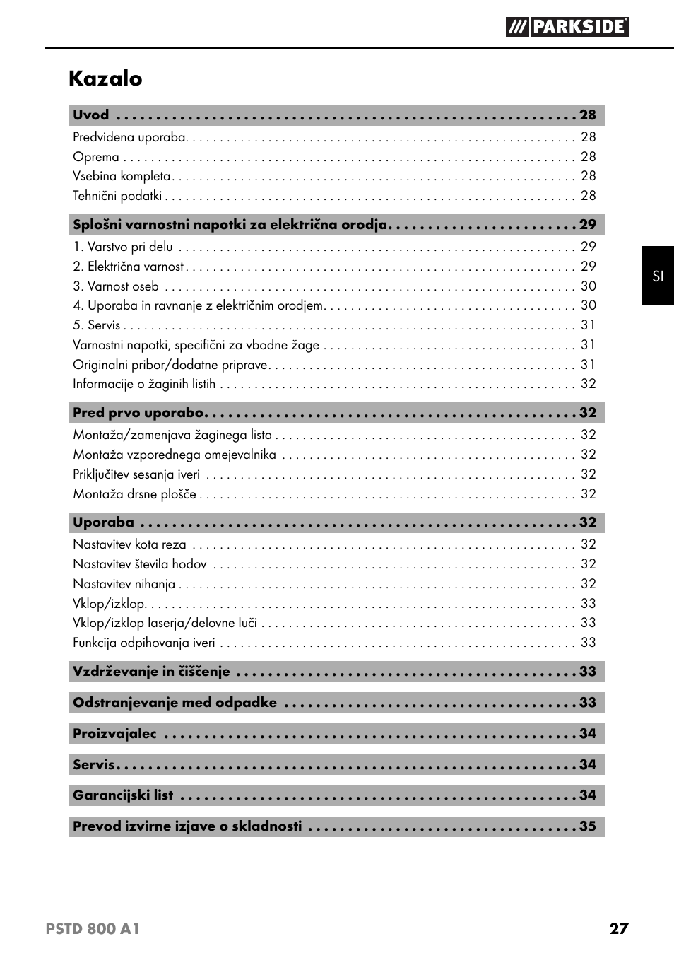 Kazalo | Parkside PSTD 800 A1 User Manual | Page 31 / 68