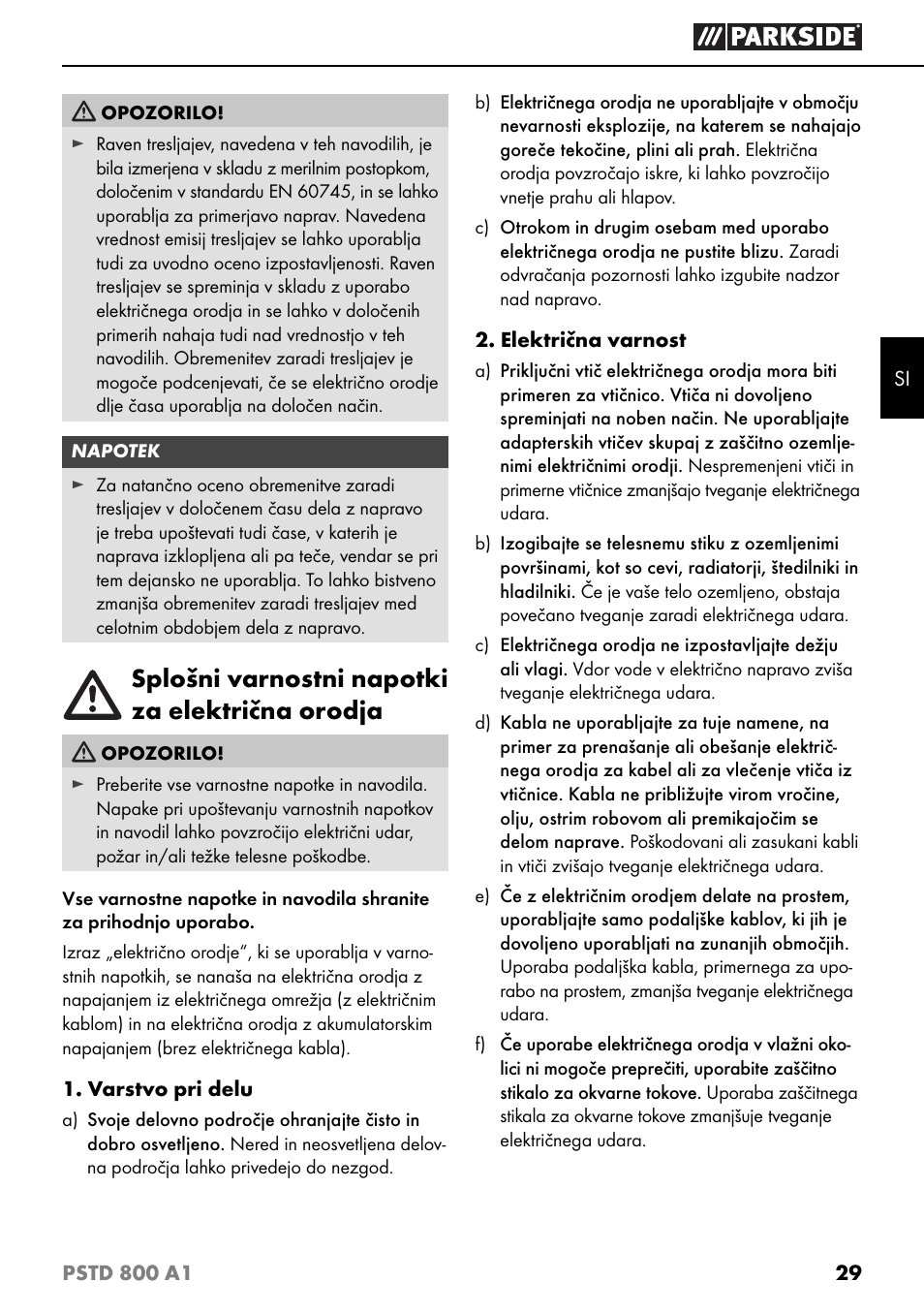 Splošni varnostni napotki za električna orodja | Parkside PSTD 800 A1 User Manual | Page 33 / 68