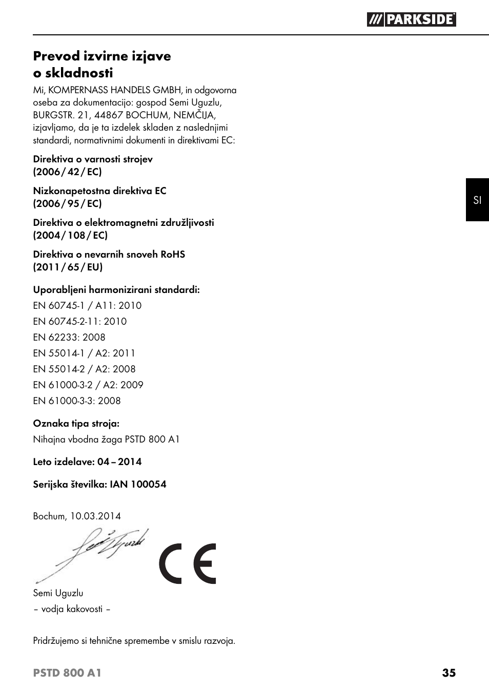 Prevod izvirne izjave o skladnosti | Parkside PSTD 800 A1 User Manual | Page 39 / 68