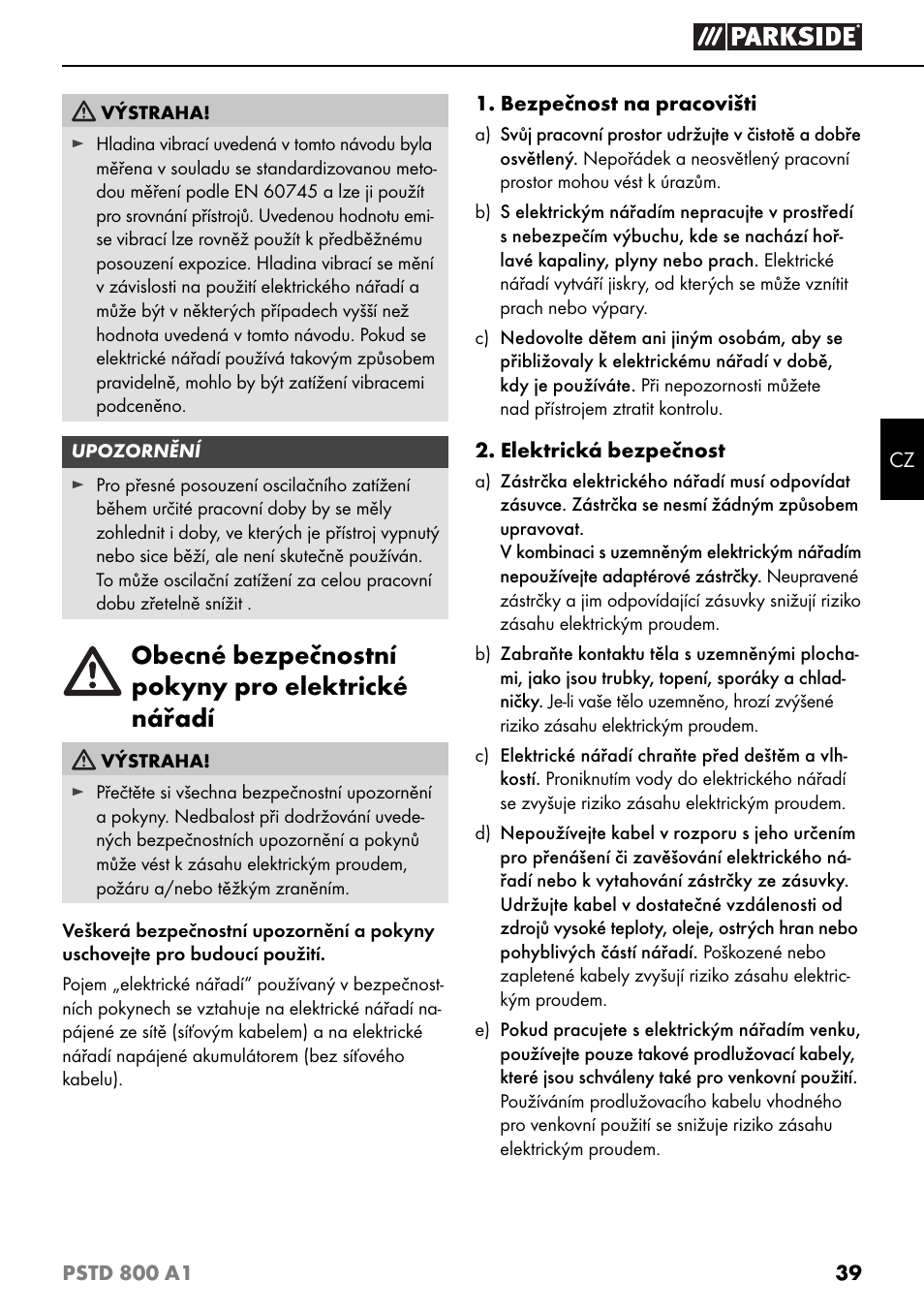 Obecné bezpečnostní pokyny pro elektrické nářadí | Parkside PSTD 800 A1 User Manual | Page 43 / 68