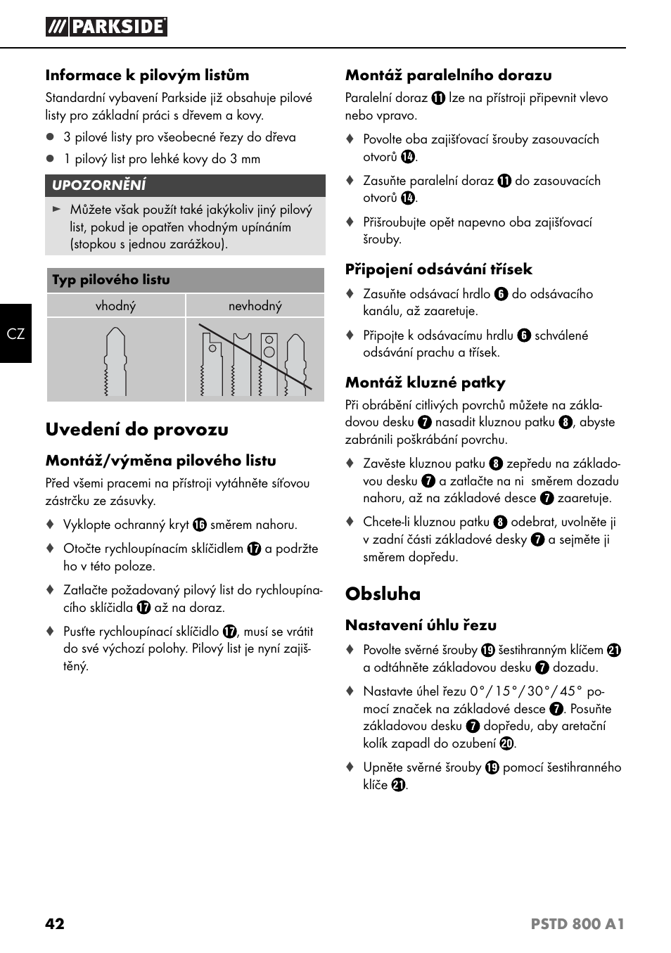 Uvedení do provozu, Obsluha | Parkside PSTD 800 A1 User Manual | Page 46 / 68