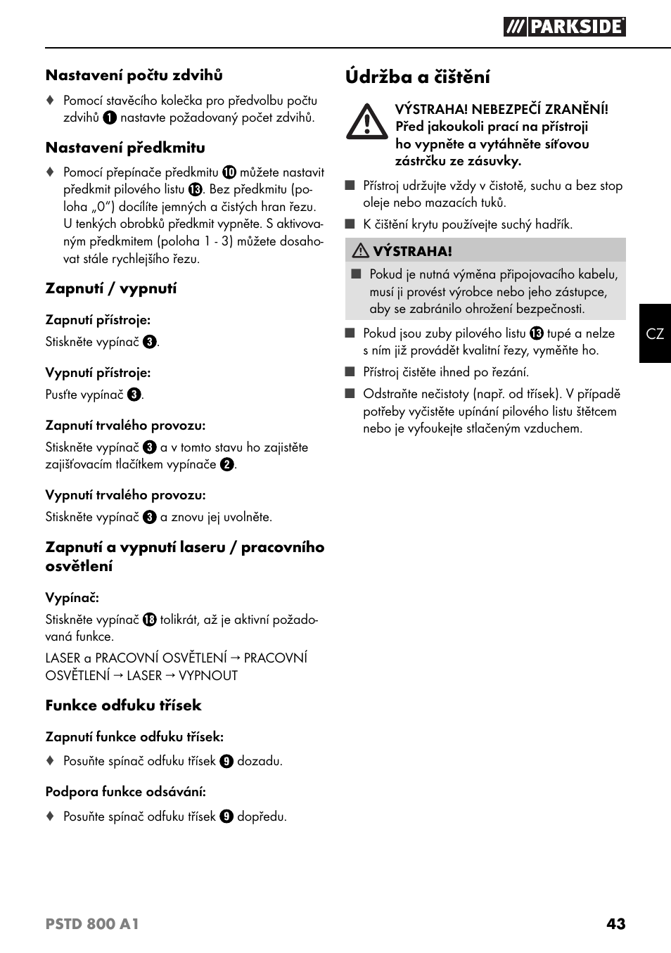 Údržba a čištění | Parkside PSTD 800 A1 User Manual | Page 47 / 68