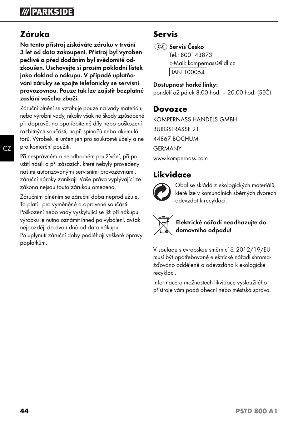 Záruka, Servis, Dovozce | Likvidace | Parkside PSTD 800 A1 User Manual | Page 48 / 68