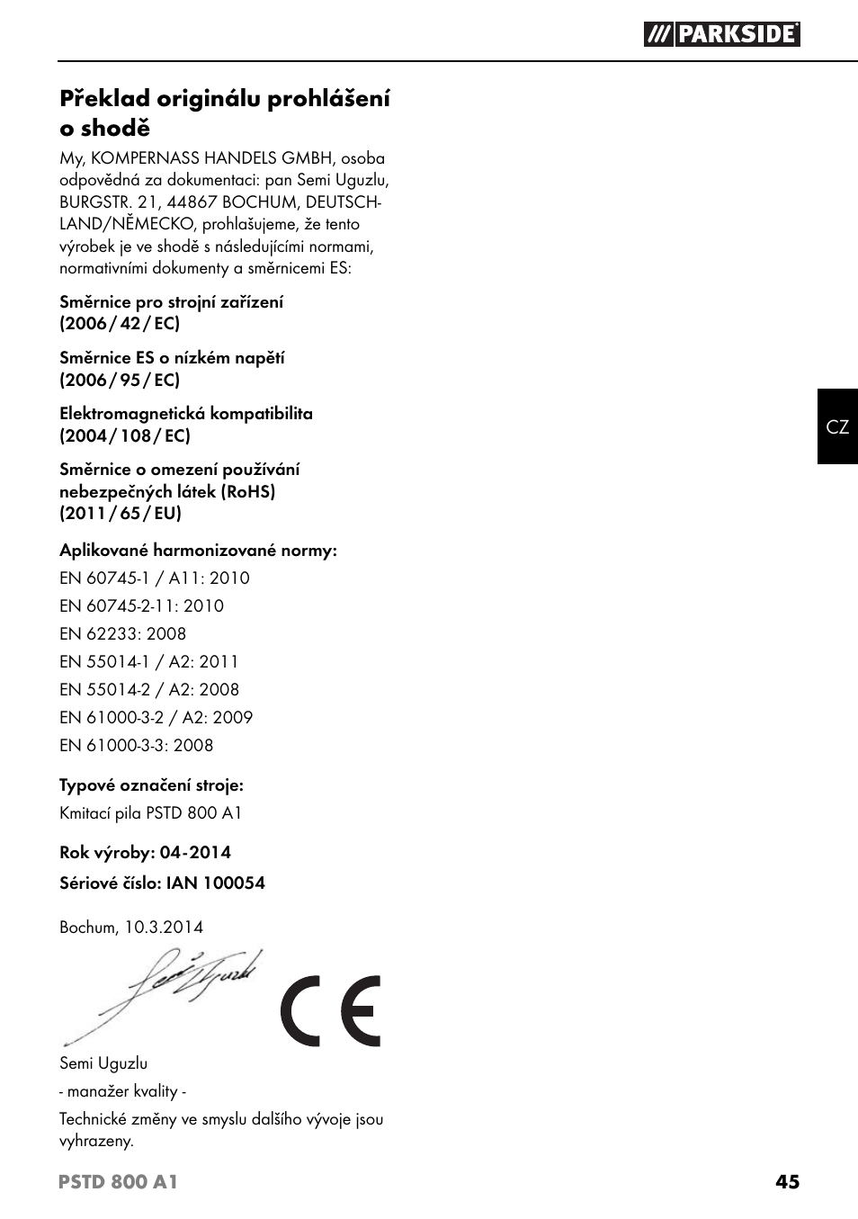 Překlad originálu prohlášení o shodě | Parkside PSTD 800 A1 User Manual | Page 49 / 68