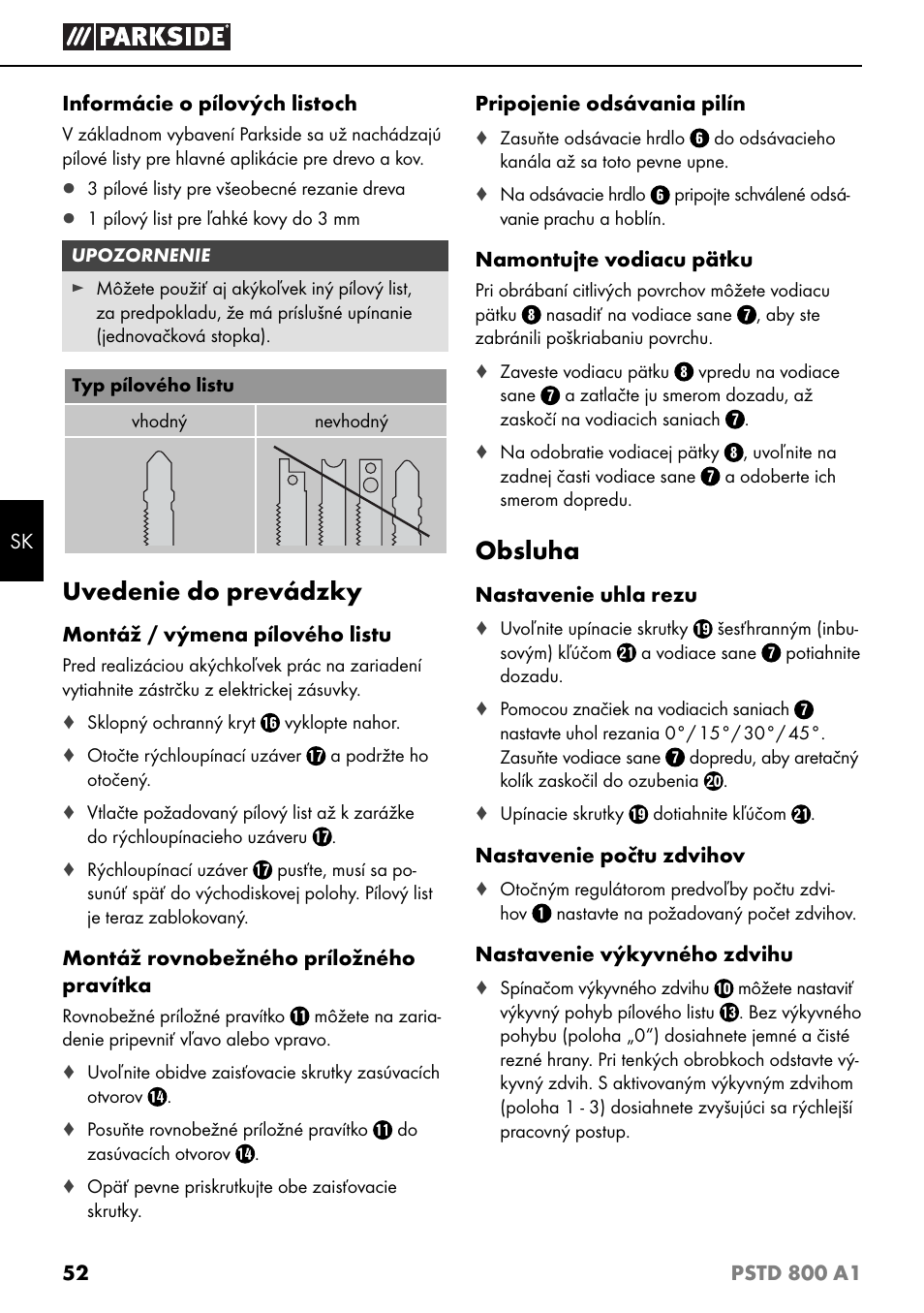 Uvedenie do prevádzky, Obsluha | Parkside PSTD 800 A1 User Manual | Page 56 / 68