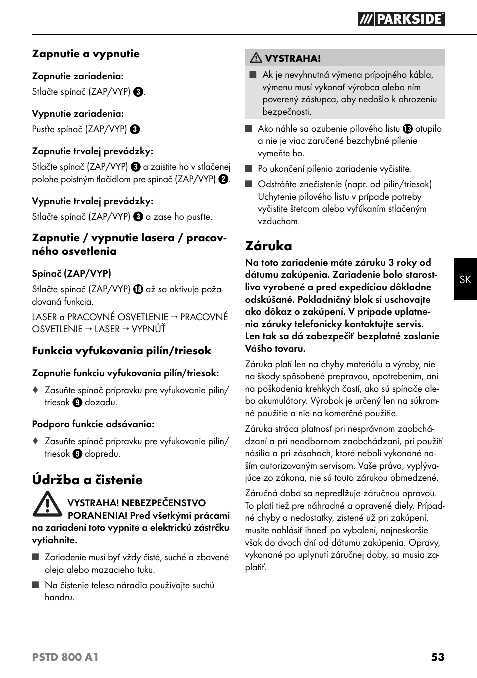 Údržba a čistenie, Záruka | Parkside PSTD 800 A1 User Manual | Page 57 / 68