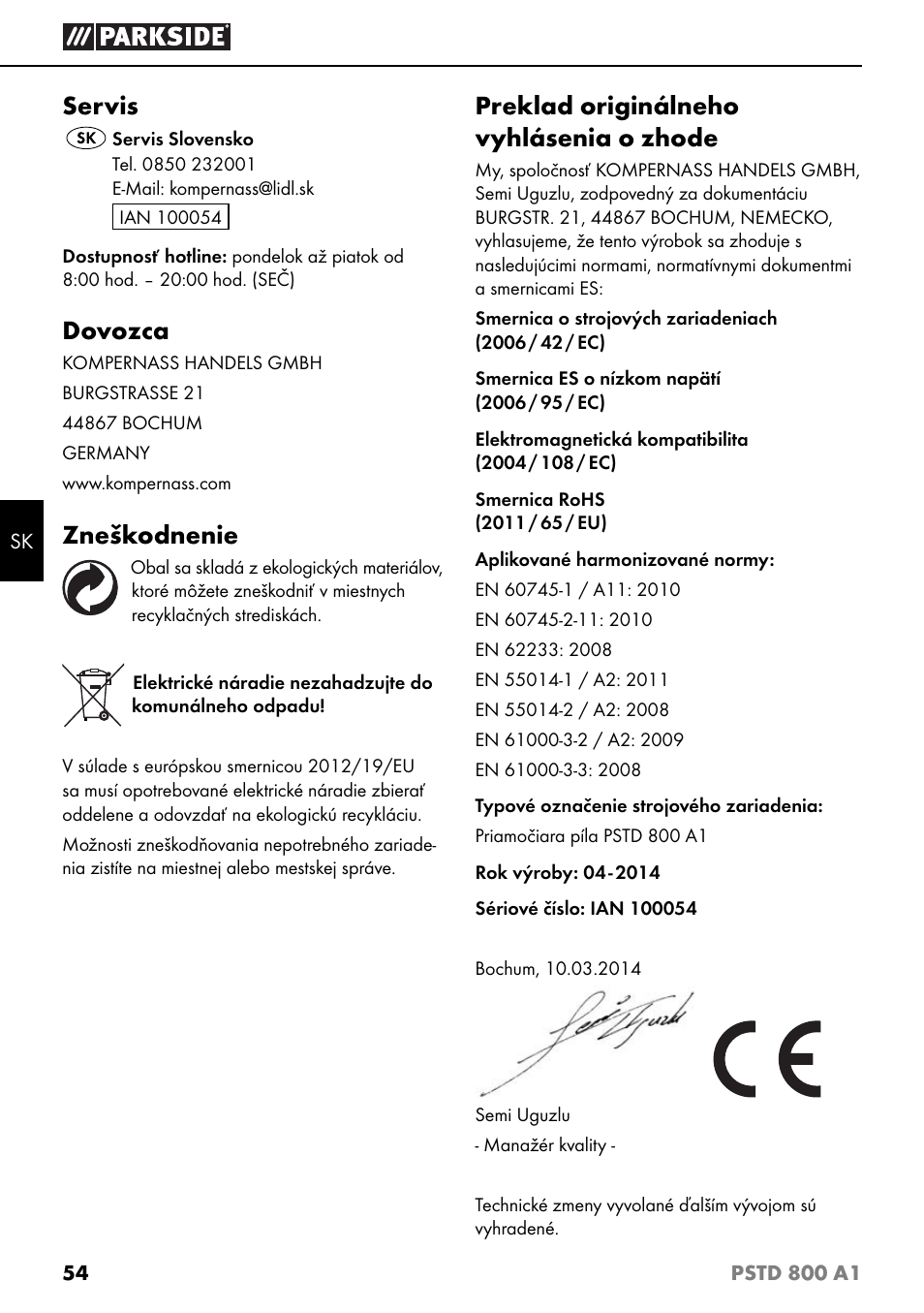 Servis, Dovozca, Zneškodnenie | Preklad originálneho vyhlásenia o zhode | Parkside PSTD 800 A1 User Manual | Page 58 / 68