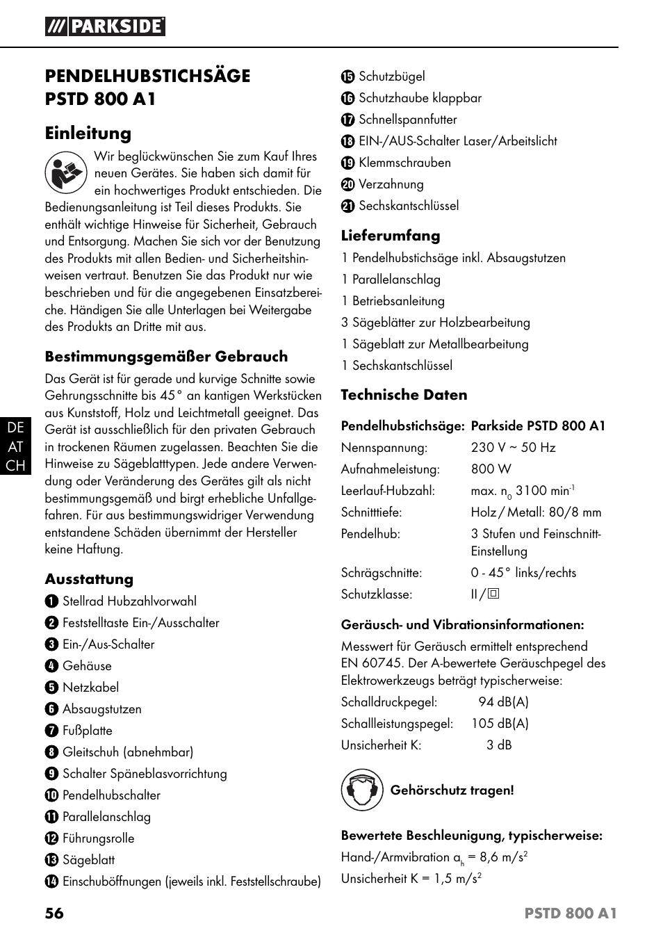 Pendelhubstichsäge pstd 800 a1 einleitung | Parkside PSTD 800 A1 User Manual | Page 60 / 68