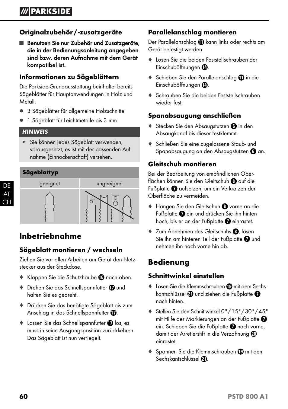 Inbetriebnahme, Bedienung | Parkside PSTD 800 A1 User Manual | Page 64 / 68