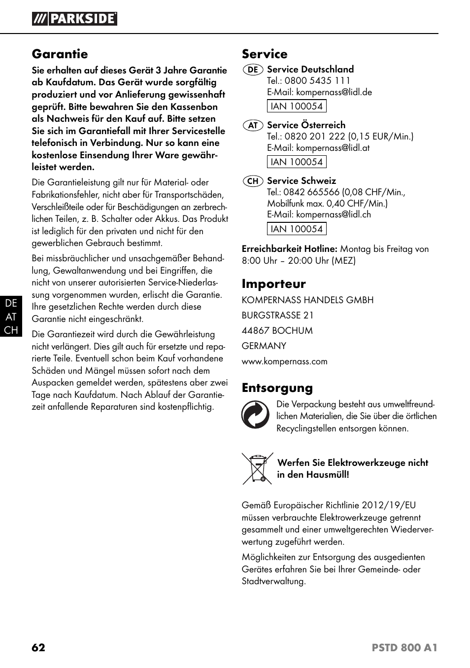 Garantie, Service, Importeur | Entsorgung | Parkside PSTD 800 A1 User Manual | Page 66 / 68