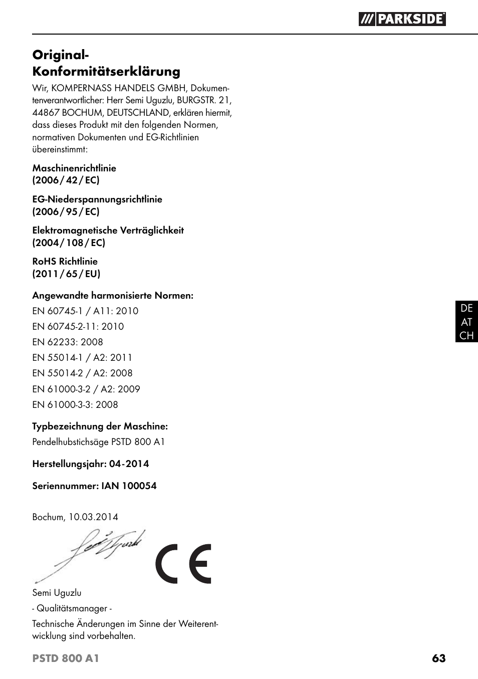 Original- konformitätserklärung | Parkside PSTD 800 A1 User Manual | Page 67 / 68