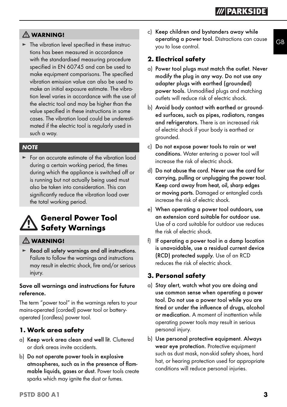 General power tool safety warnings | Parkside PSTD 800 A1 User Manual | Page 7 / 68