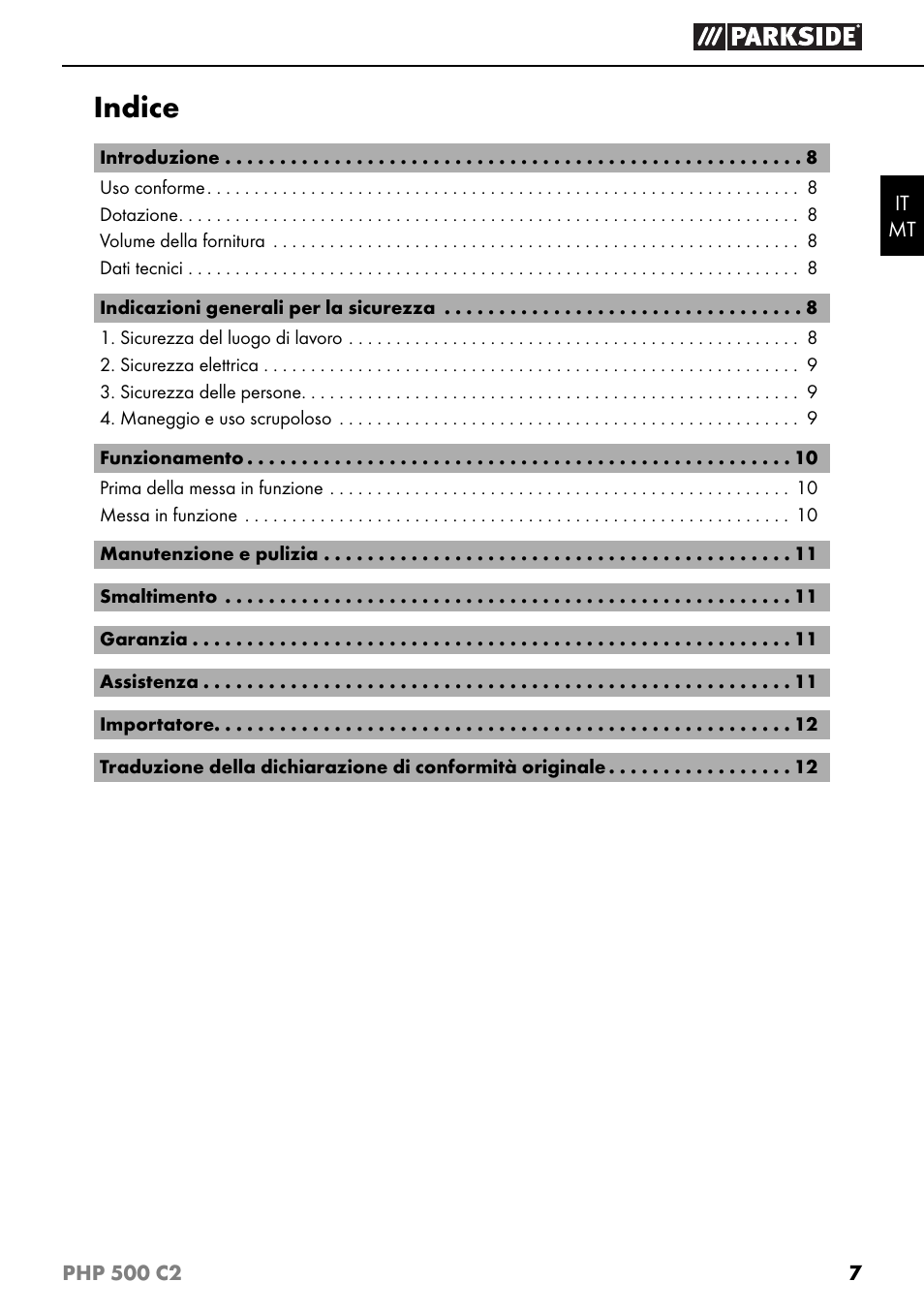 Indice | Parkside PHP 500 C2 User Manual | Page 10 / 34