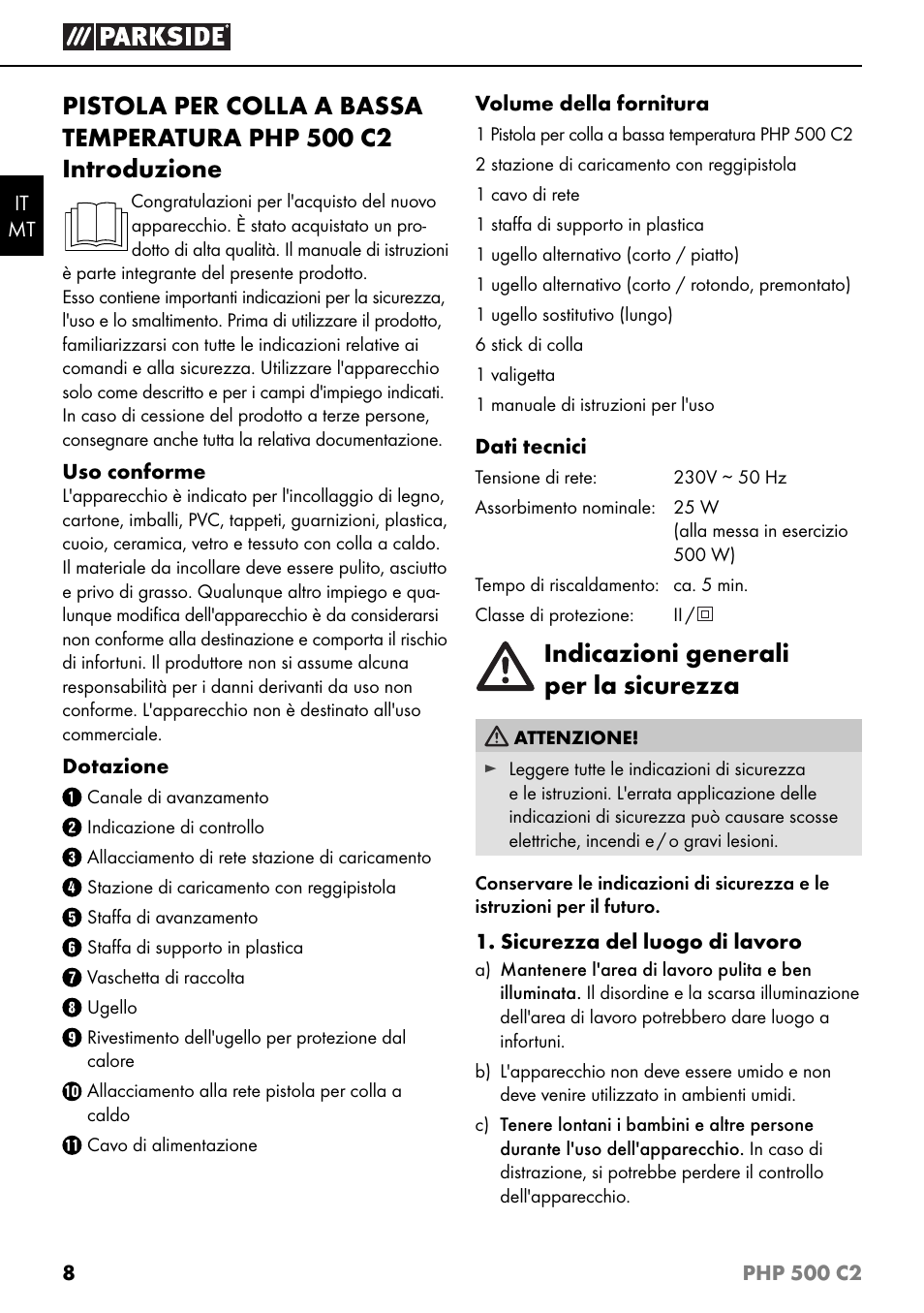 Indicazioni generali per la sicurezza | Parkside PHP 500 C2 User Manual | Page 11 / 34