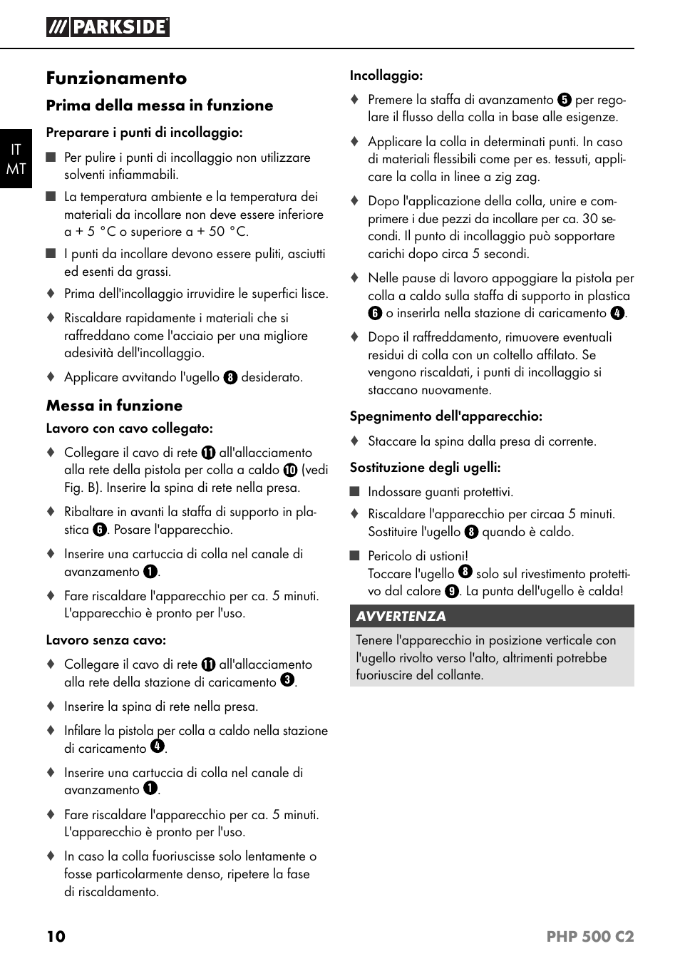 Funzionamento | Parkside PHP 500 C2 User Manual | Page 13 / 34