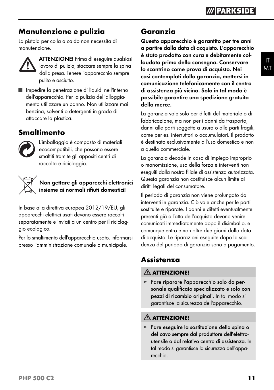 Manutenzione e pulizia, Smaltimento, Garanzia | Assistenza | Parkside PHP 500 C2 User Manual | Page 14 / 34