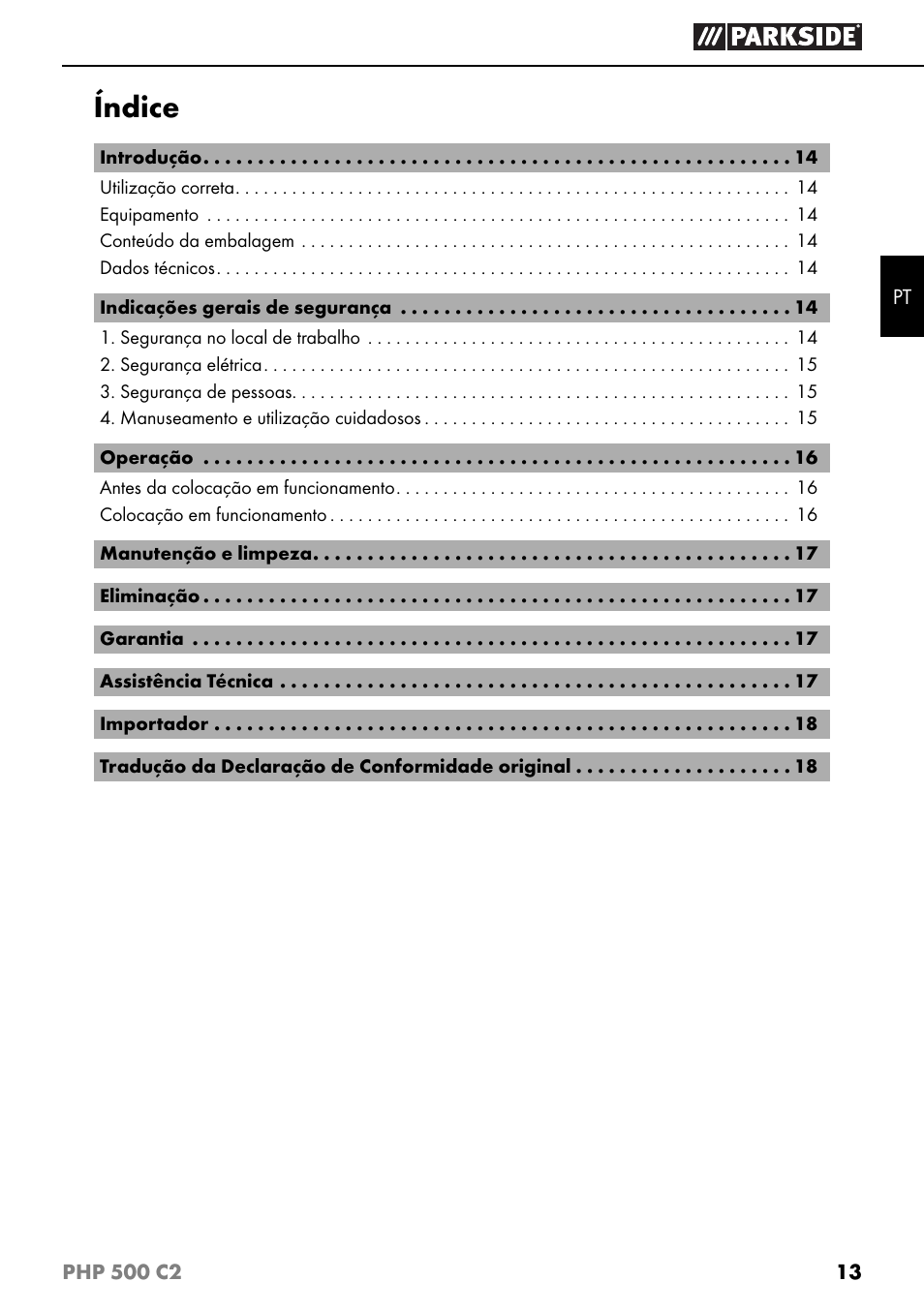 Índice | Parkside PHP 500 C2 User Manual | Page 16 / 34