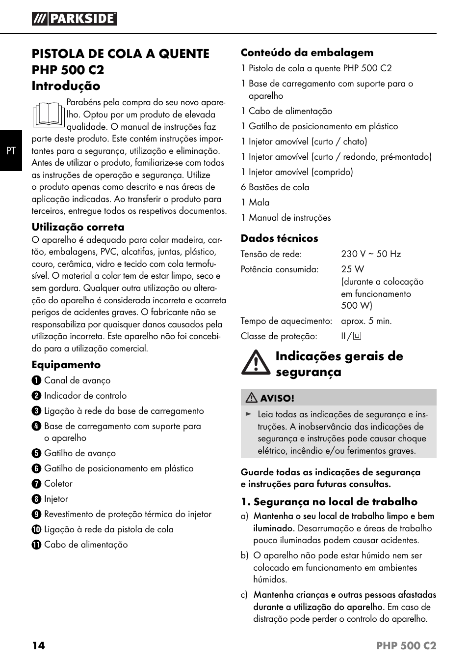 Indicações gerais de segurança | Parkside PHP 500 C2 User Manual | Page 17 / 34
