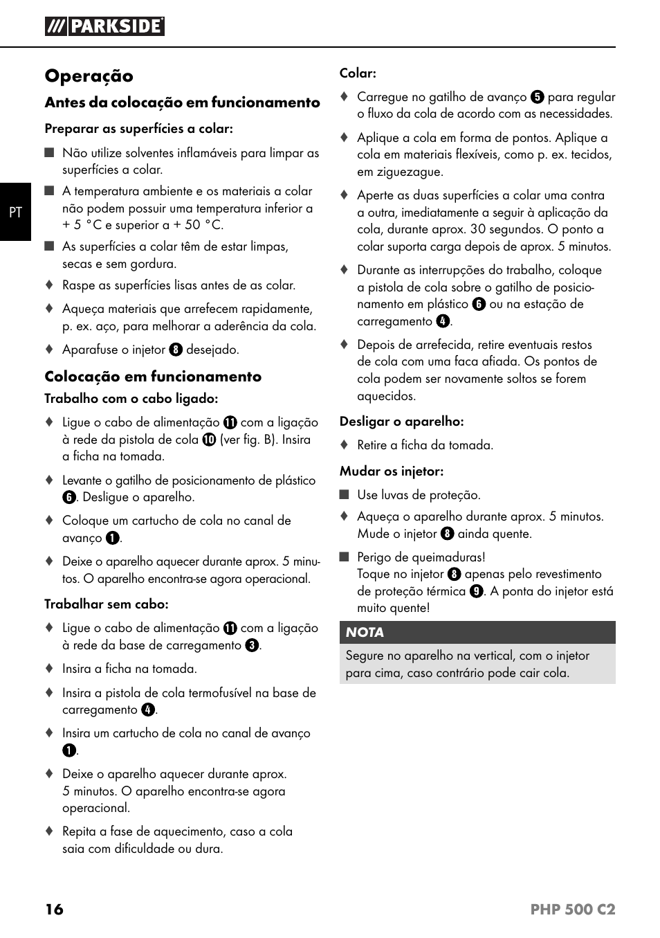 Operação | Parkside PHP 500 C2 User Manual | Page 19 / 34