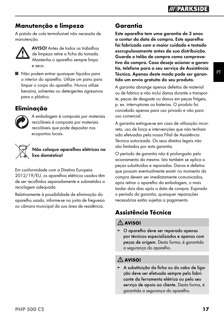 Manutenção e limpeza, Eliminação, Garantia | Assistência técnica | Parkside PHP 500 C2 User Manual | Page 20 / 34