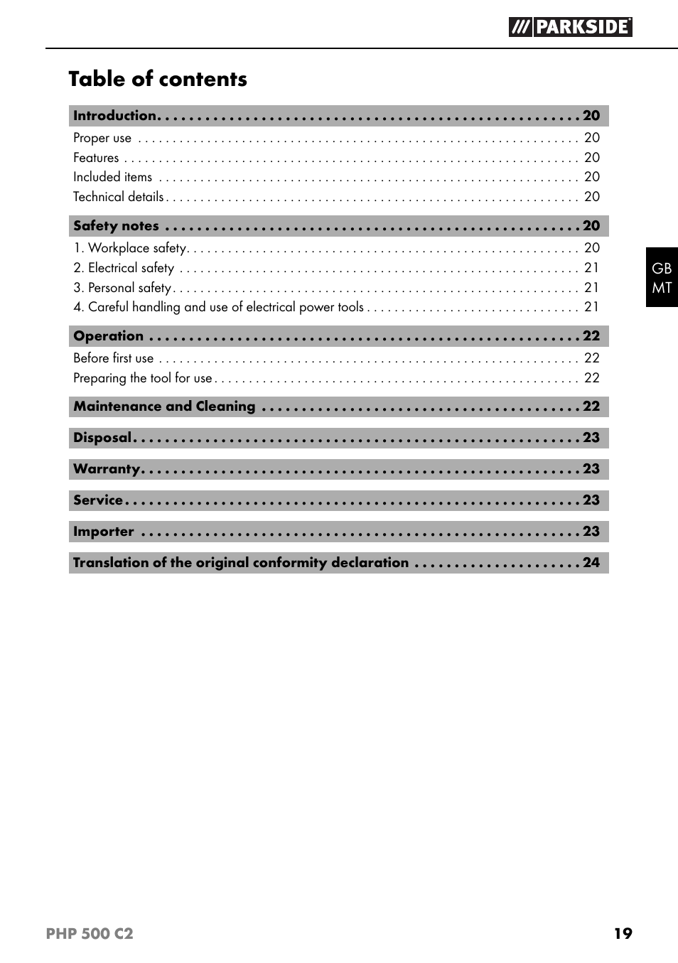 Parkside PHP 500 C2 User Manual | Page 22 / 34