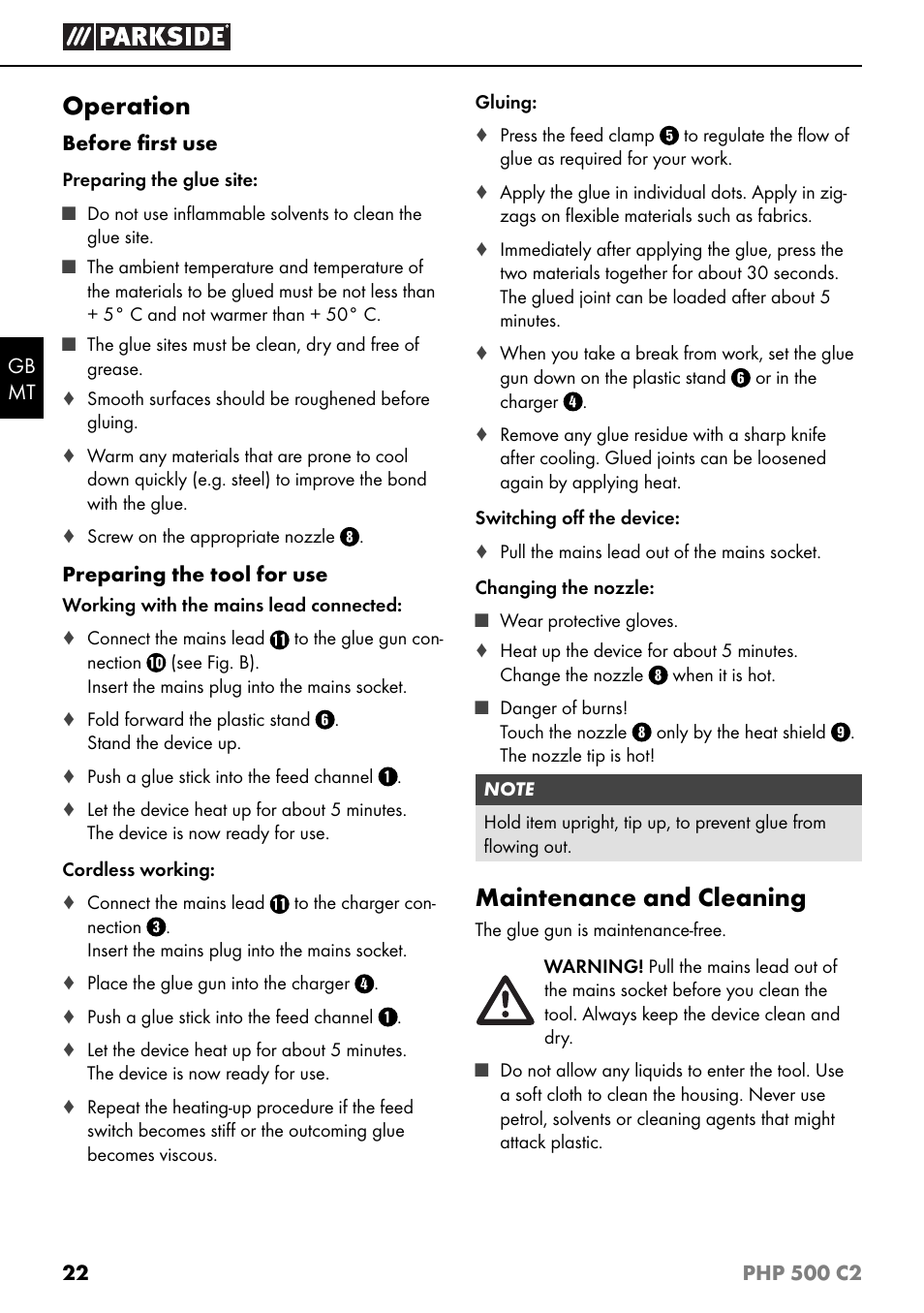 Operation, Maintenance and cleaning | Parkside PHP 500 C2 User Manual | Page 25 / 34