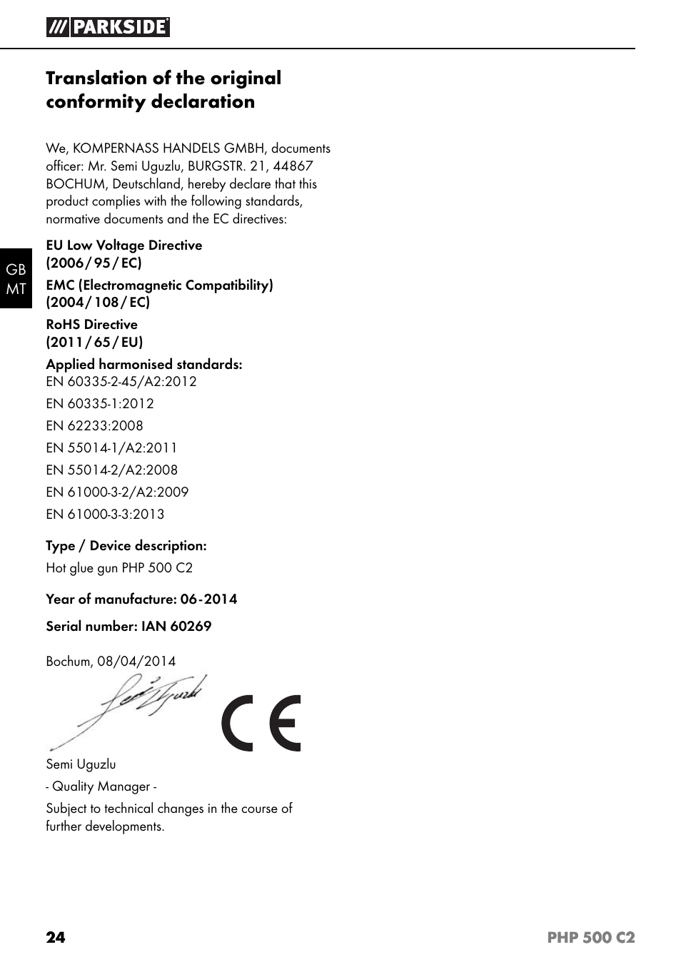 Translation of the original conformity declaration | Parkside PHP 500 C2 User Manual | Page 27 / 34