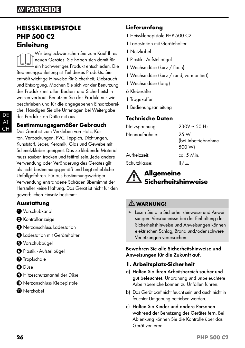 Allgemeine sicherheitshinweise | Parkside PHP 500 C2 User Manual | Page 29 / 34