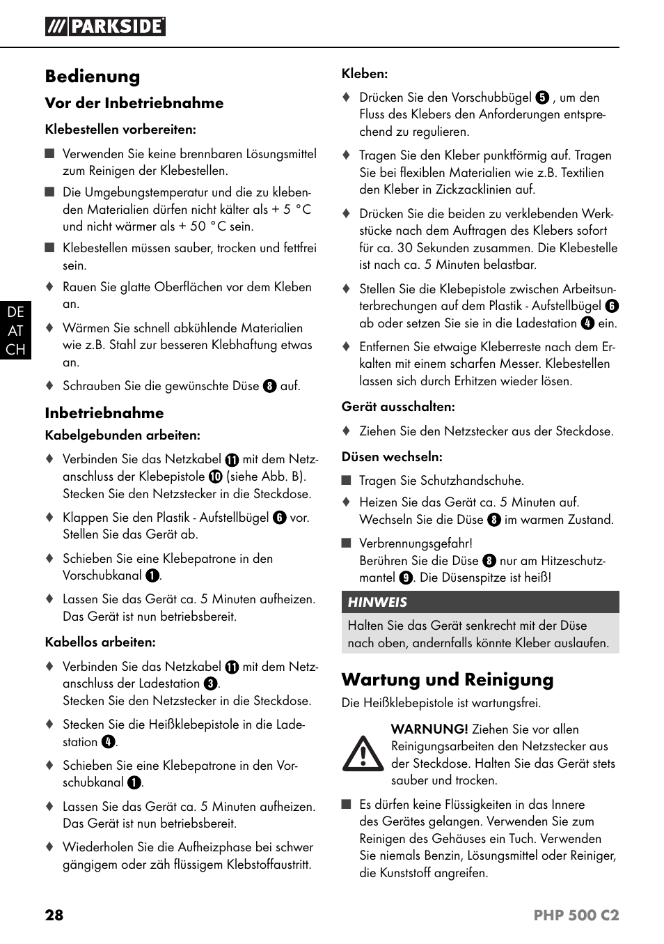 Bedienung, Wartung und reinigung | Parkside PHP 500 C2 User Manual | Page 31 / 34