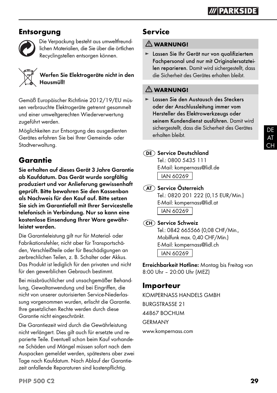 Entsorgung, Garantie, Service | Importeur | Parkside PHP 500 C2 User Manual | Page 32 / 34