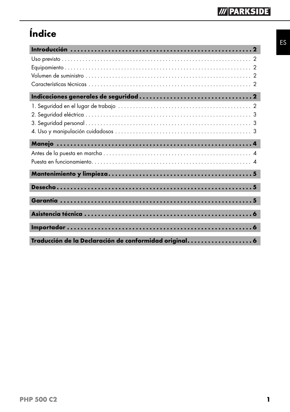 Índice | Parkside PHP 500 C2 User Manual | Page 4 / 34
