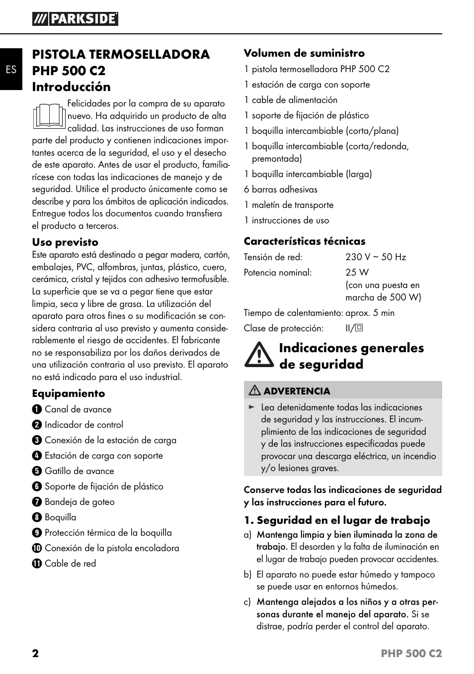 Indicaciones generales de seguridad | Parkside PHP 500 C2 User Manual | Page 5 / 34