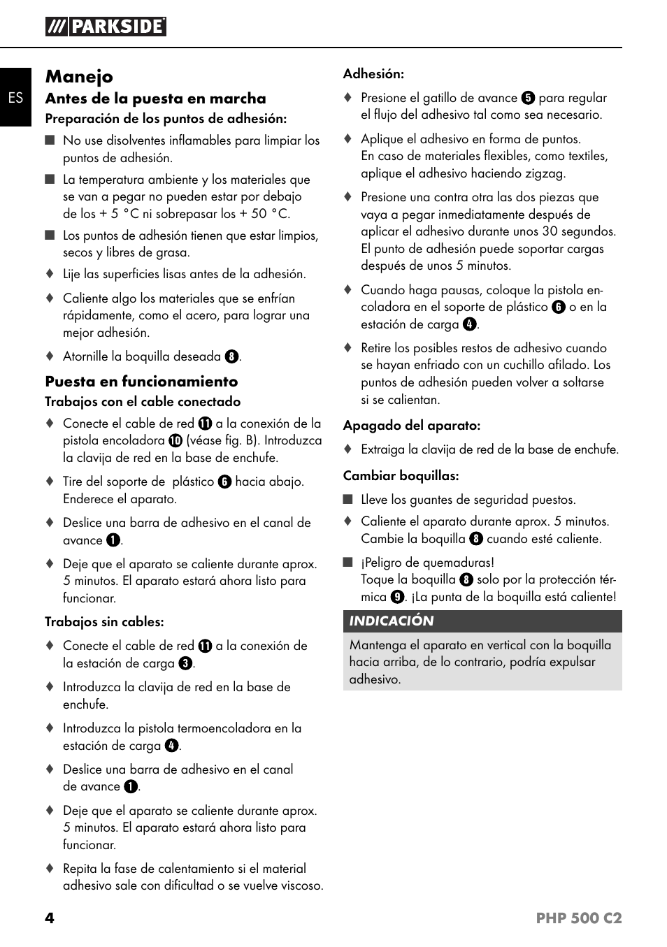 Manejo | Parkside PHP 500 C2 User Manual | Page 7 / 34