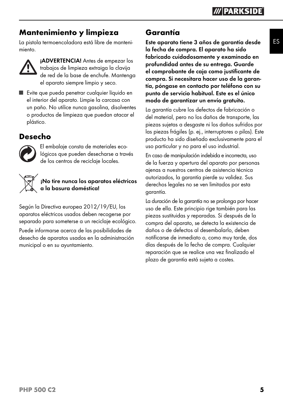Mantenimiento y limpieza, Desecho, Garantía | Parkside PHP 500 C2 User Manual | Page 8 / 34