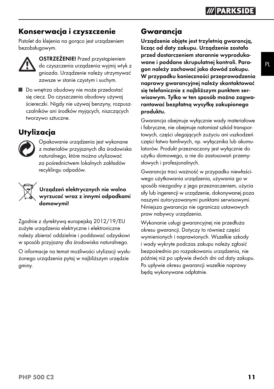 Konserwacja i czyszczenie, Utylizacja, Gwarancja | Parkside PHP 500 C2 User Manual | Page 14 / 40